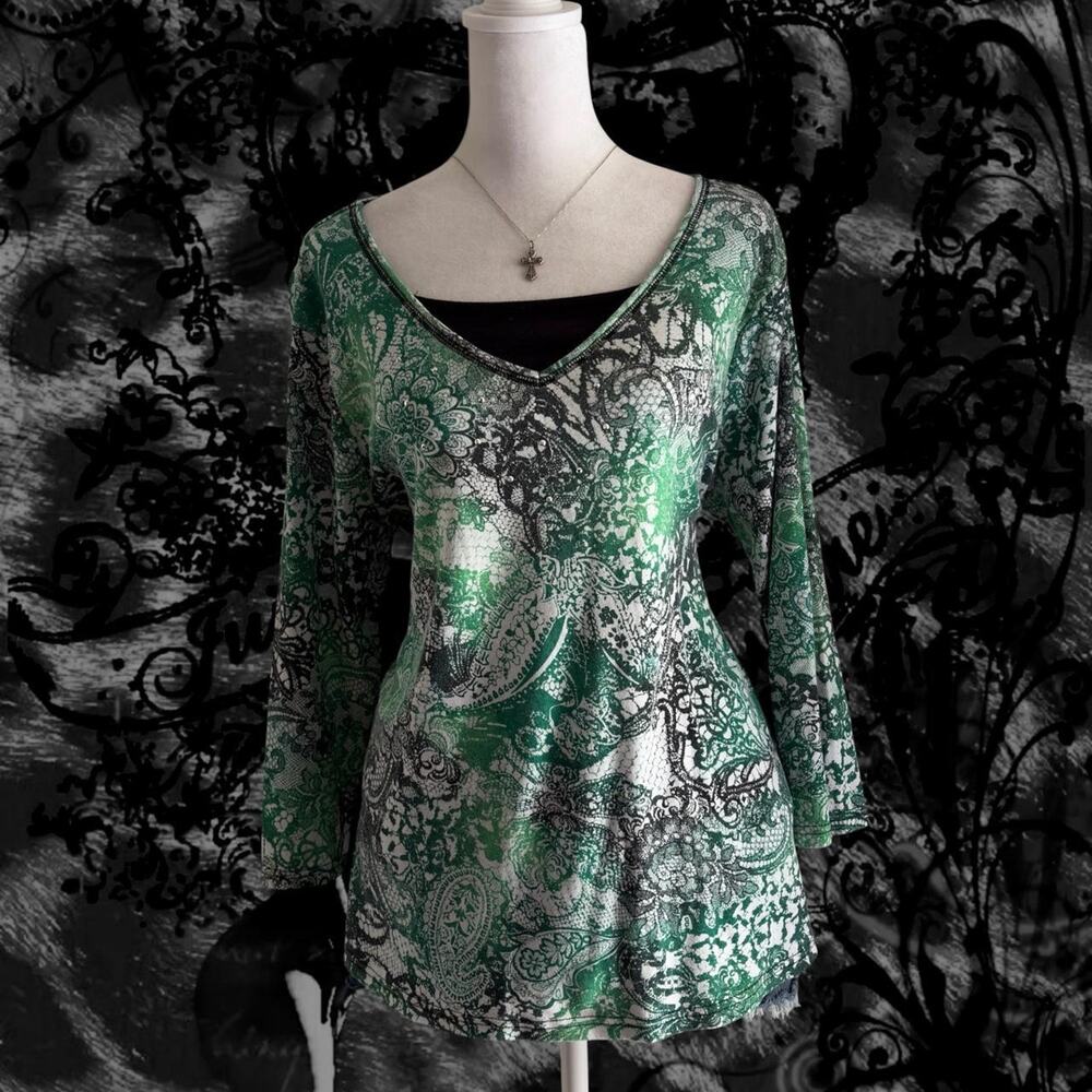 white green black paisley gothic lace baroque print whimsical boho gothic top